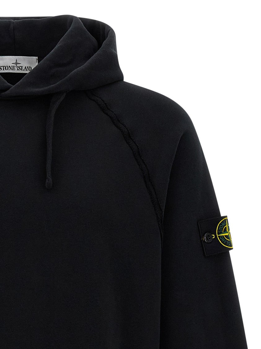 Stone Island Logo Badge Fleece Cotton Hoodie With Ribbed Inserts
