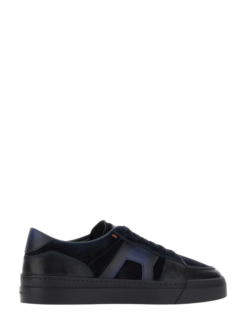 Santoni Low-Top Leather Suede Rubber Sole Sneakers