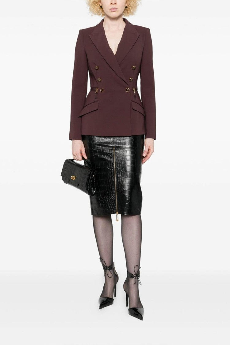Elisabetta Franchi Burgundy Double-Breasted Gold Button Polyester-Blend Blazer