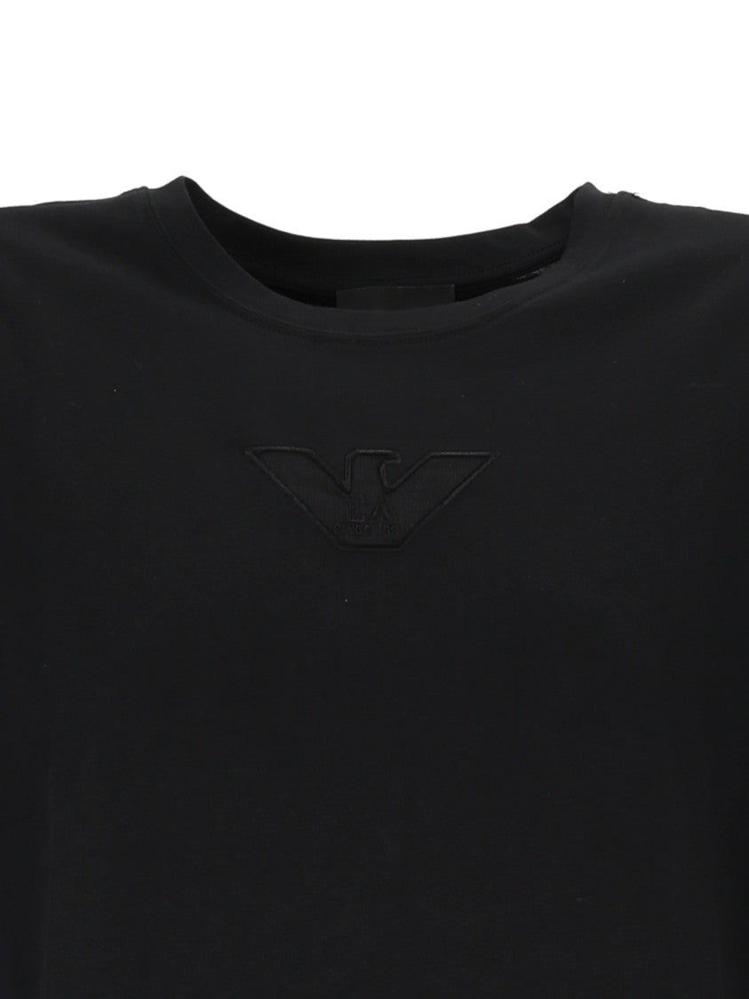 Emporio Armani Cropped Black Jumper With Sheer Mesh Panels And Embossed Logo