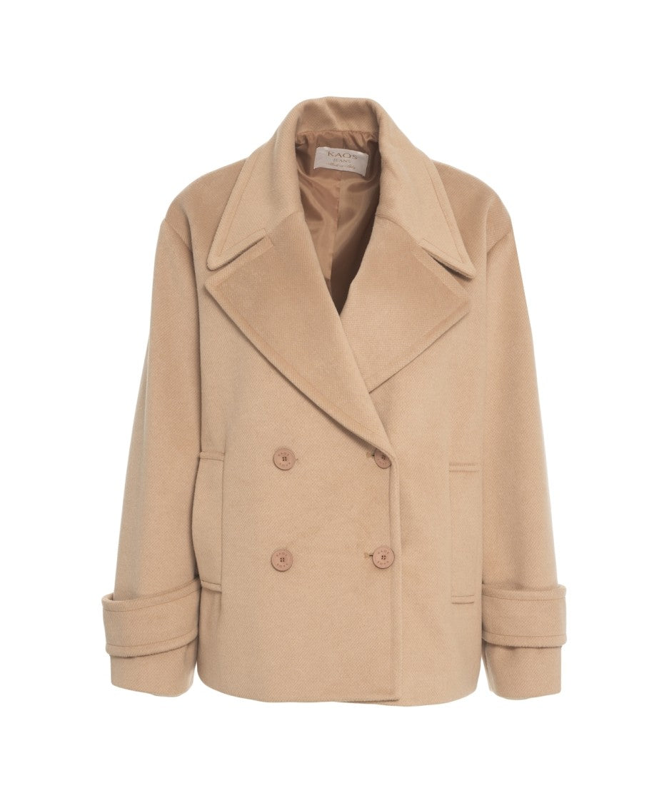 Kaos Beige Double-Breasted Peacoat With Textured Fabric