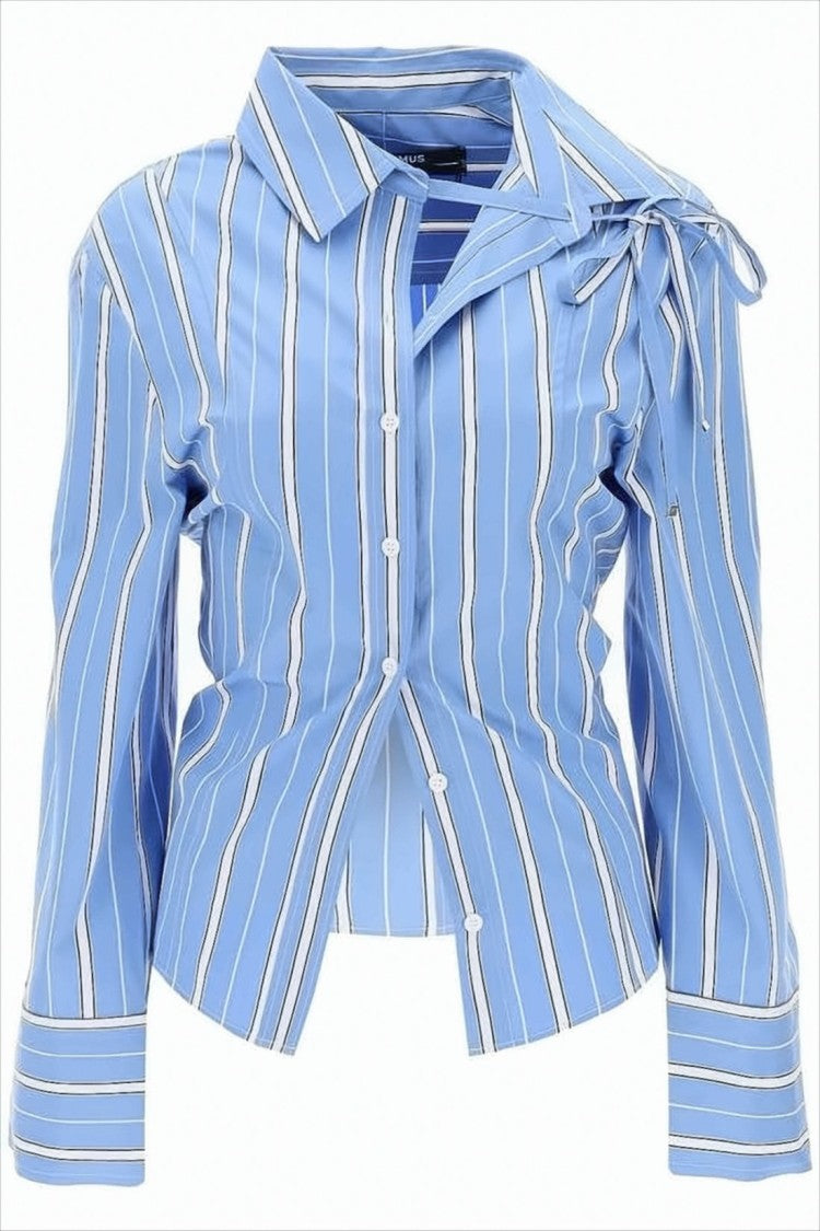 Jacquemus Structured Blue Stripe Blouse With Tie Detail