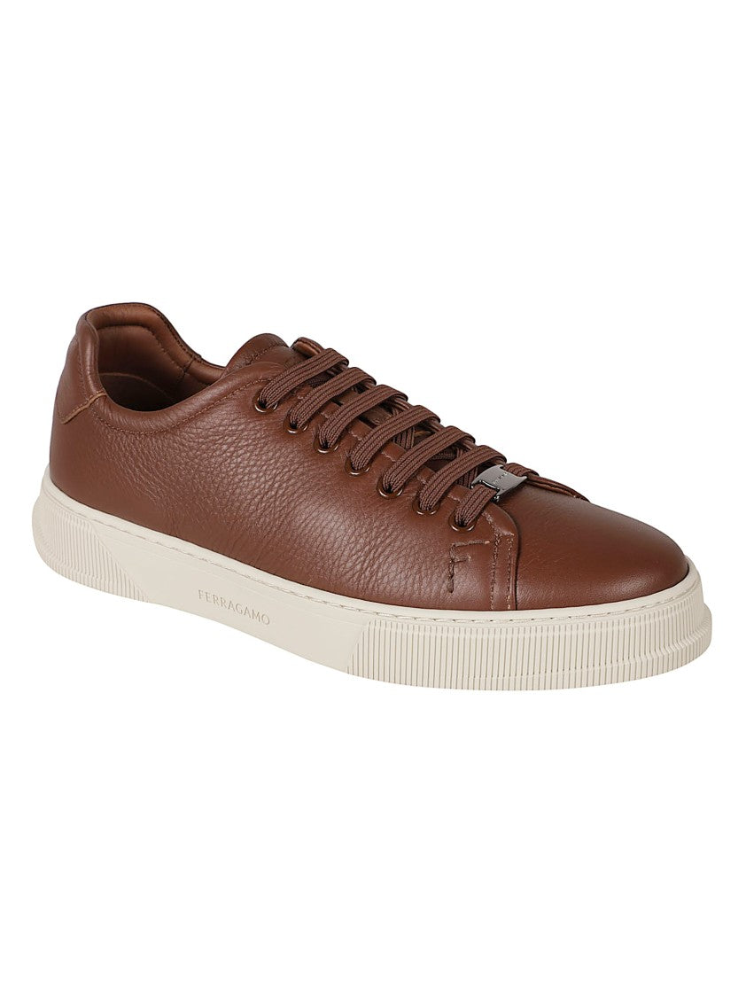 Ferragamo Brown Smooth Calf Leather Low-Top Sneakers With Minimalist Design