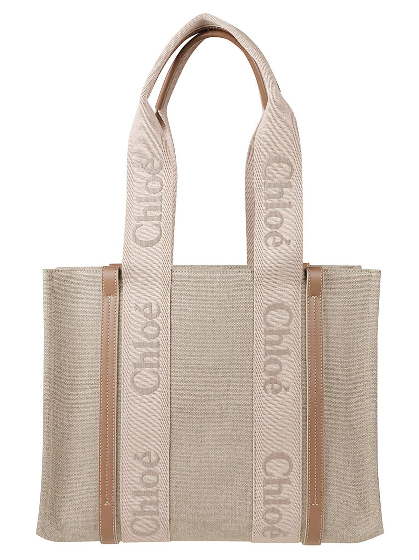 Chloé Rectangular Linen Tote Bag With Leather Accents