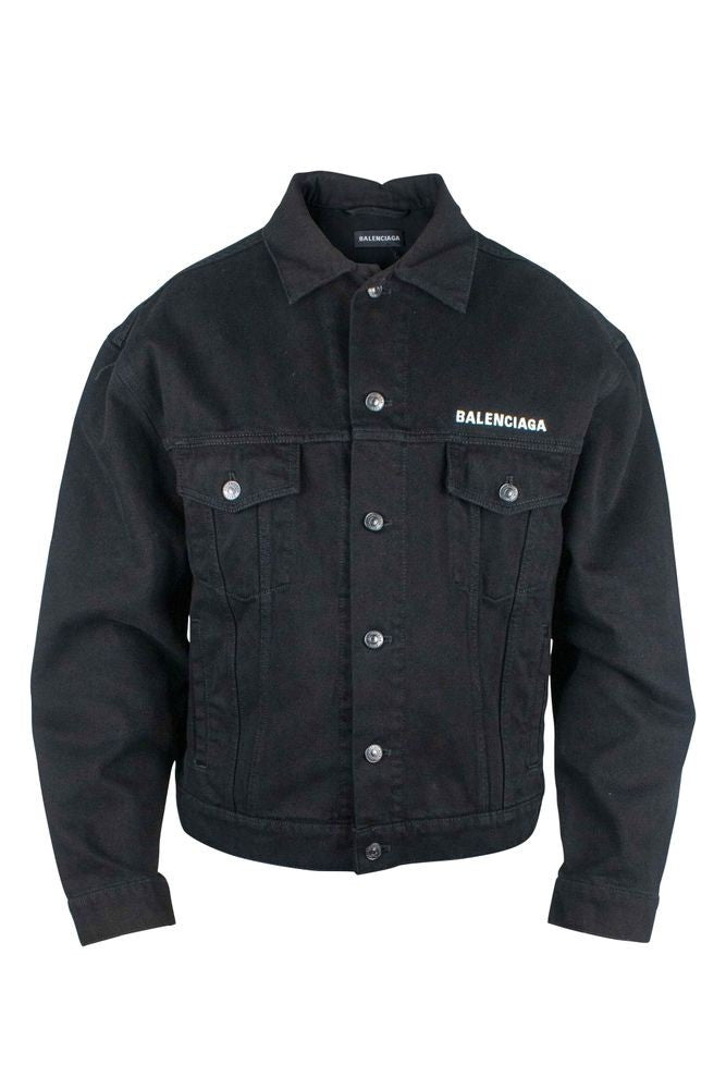 Balenciaga Cropped Black Denim Jacket With Flap Pockets