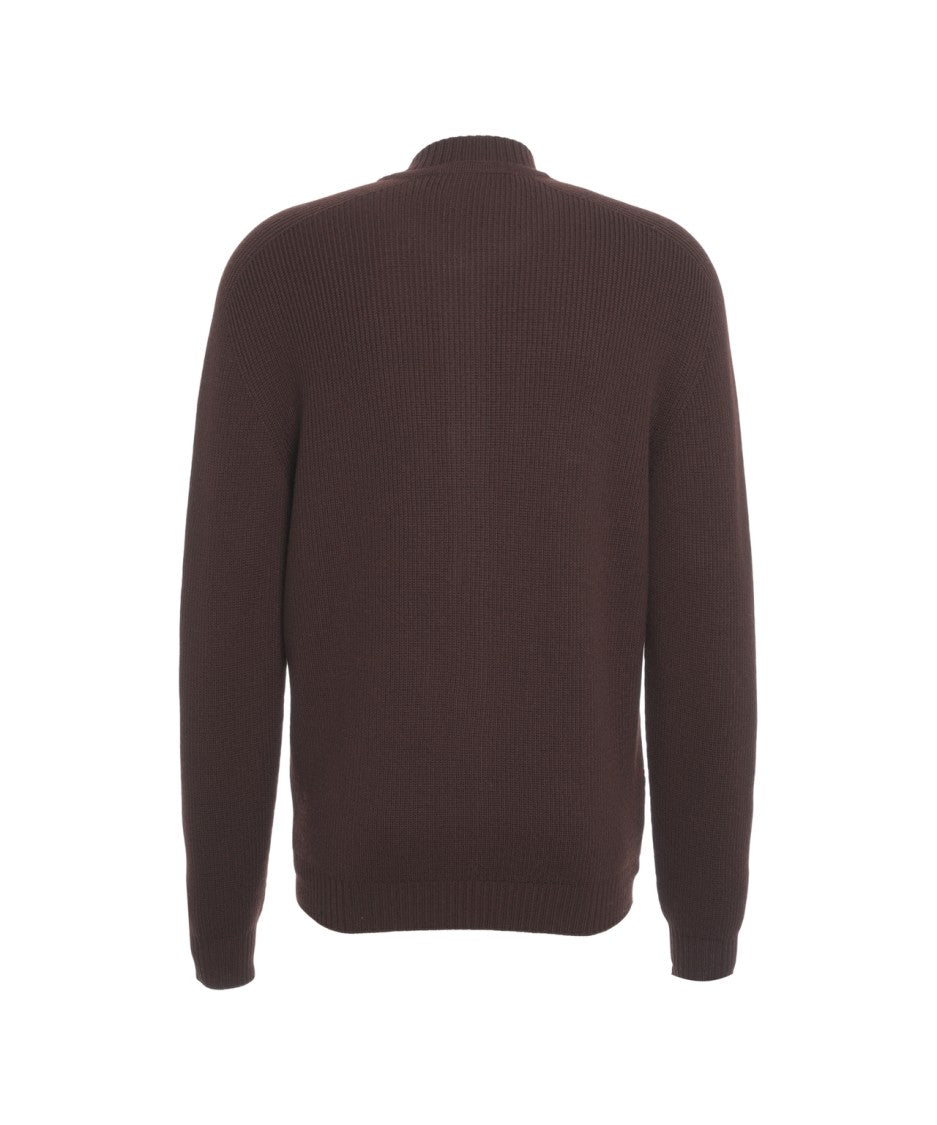 Amaranto Ribbed Wool Cardigan With Classic Round Neckline