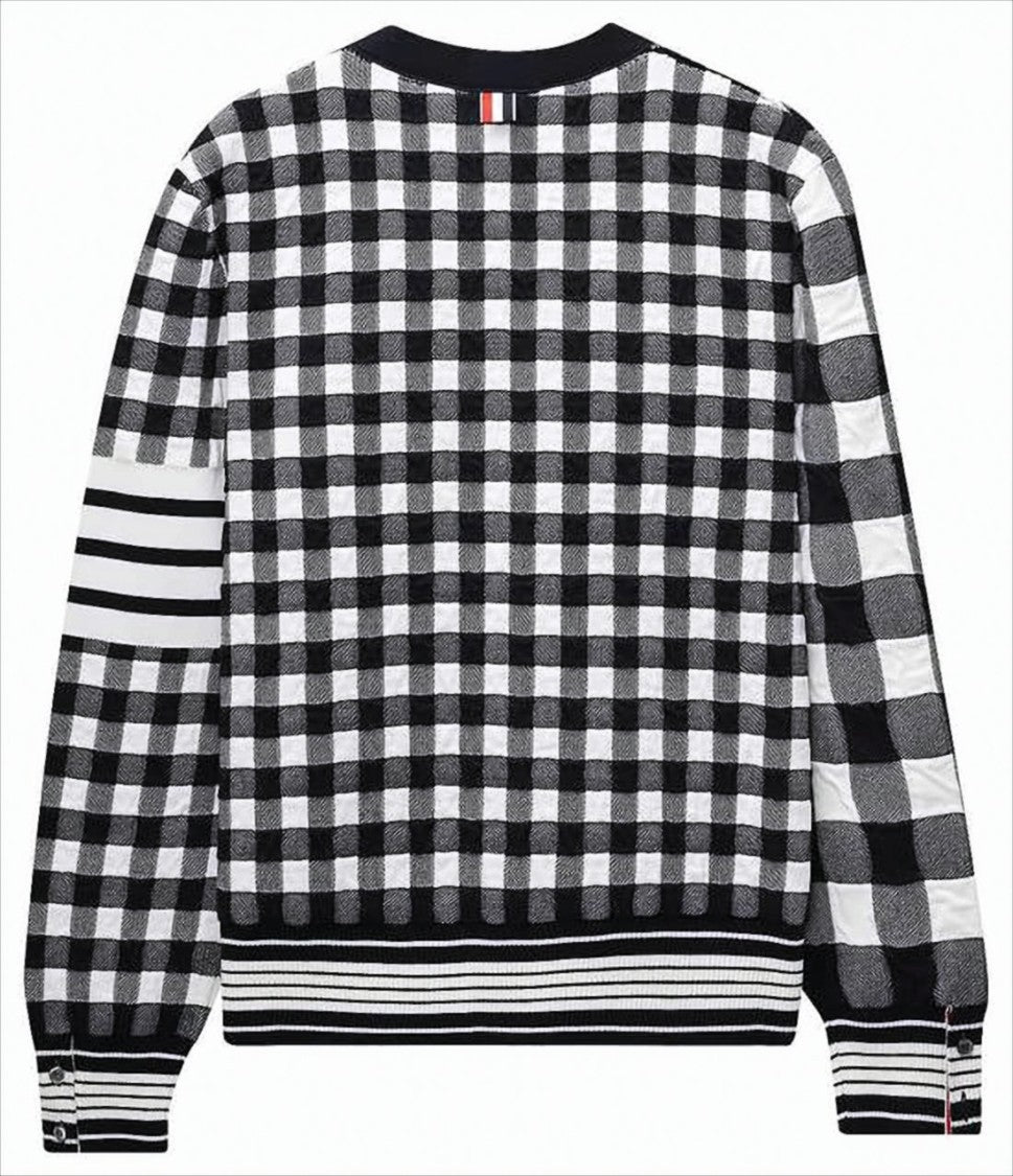 Thom Browne Checkered Knit Cardigan With V-Neckline And Patch Pockets