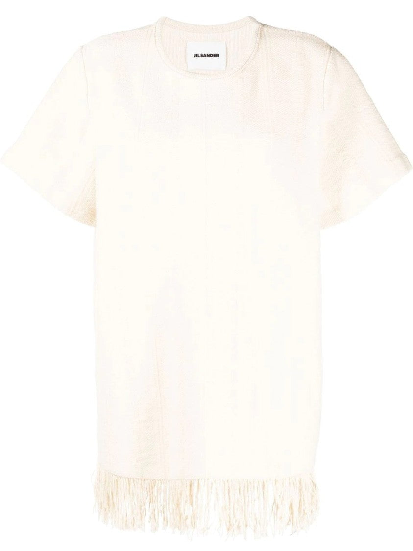 Jil Sander Beige Fringe Hem Short-Sleeve Cotton-Blend T-Shirt