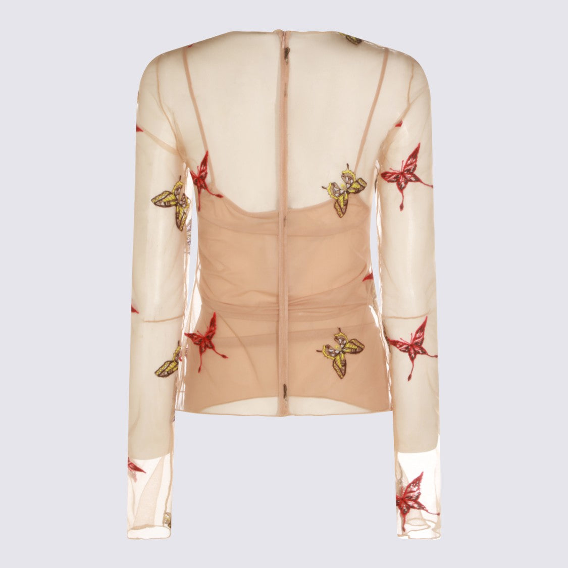 Blumarine Long-Sleeved Sheer Mesh Top With Embroidered Butterflies