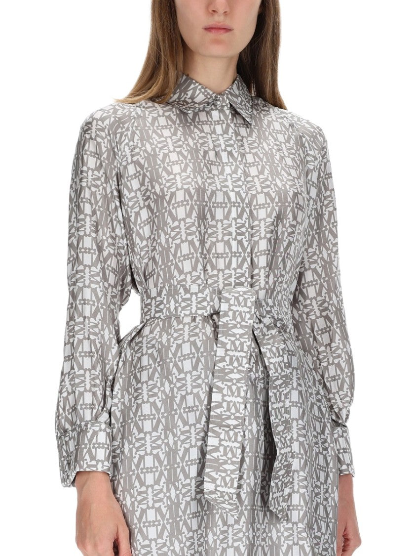 Max Mara Geometric Print Silk Chemisier Dress With Classic Collar And Matching Belt