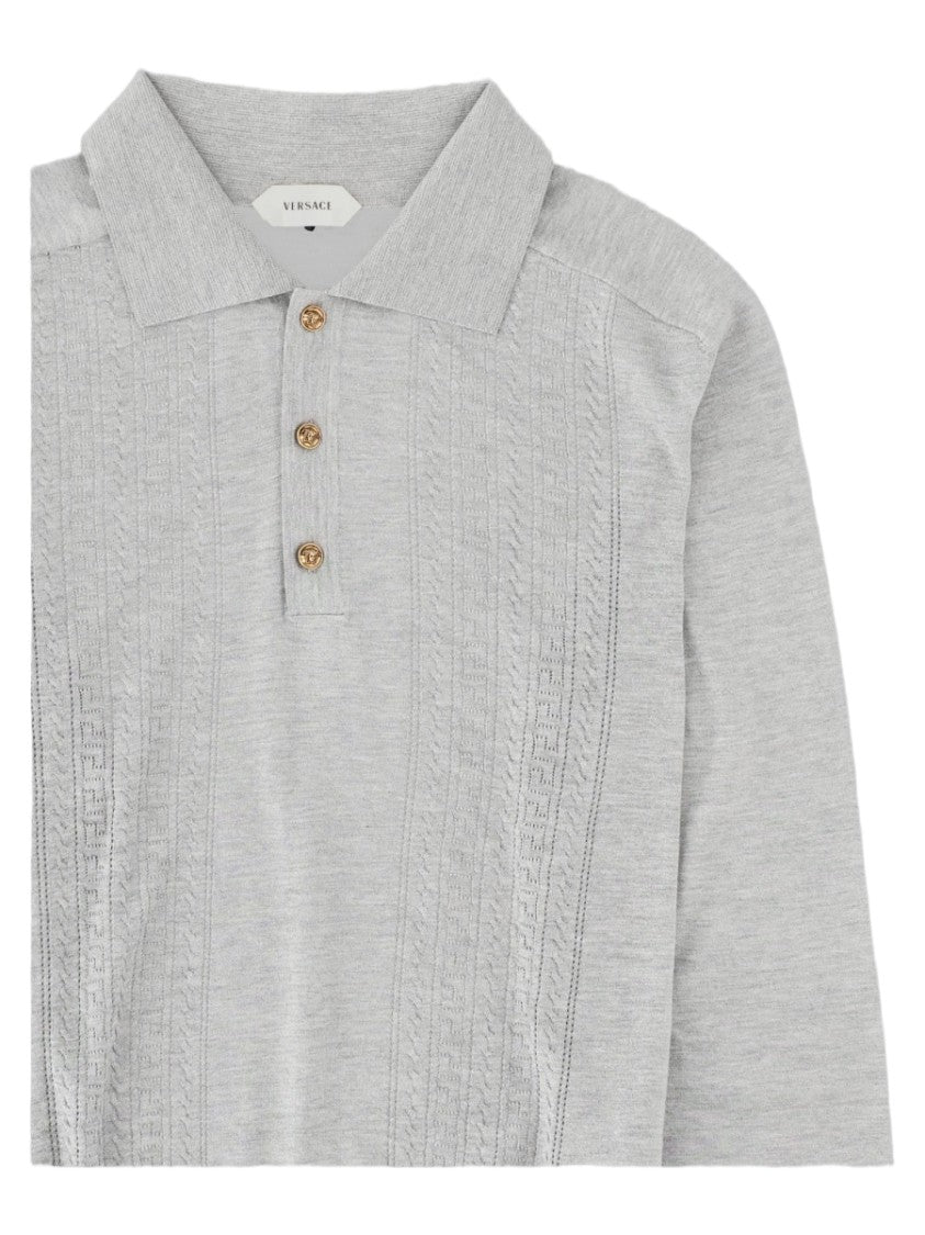Versace Grey Polo Collar Cotton-Silk Knit Sweater