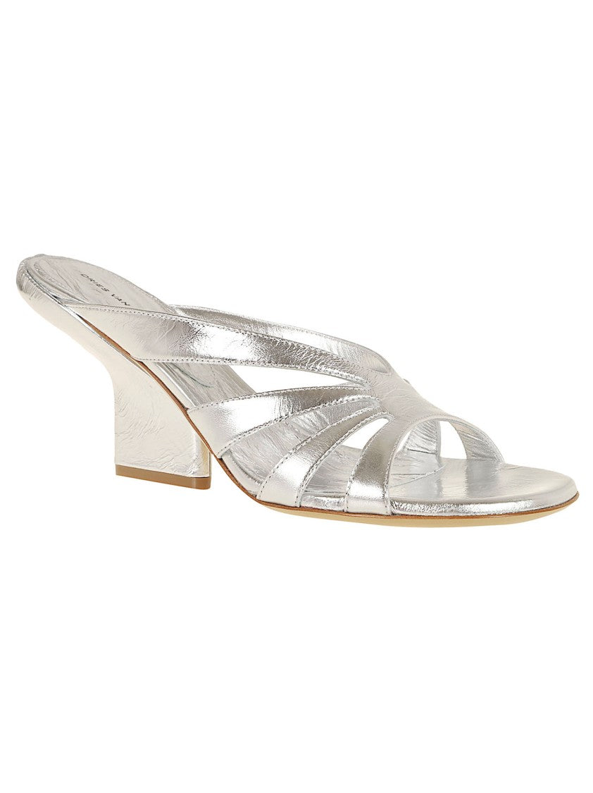 Dries Van Noten Curved Wedge Mule Sandals With Metallic Silver Finish