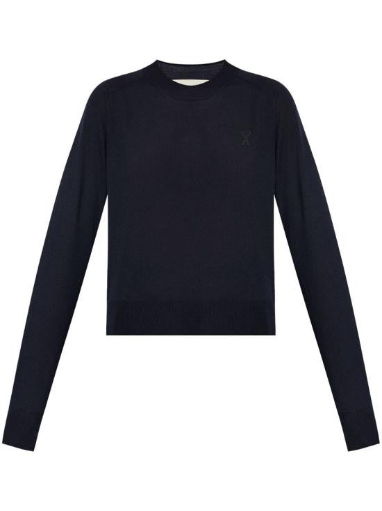 Ami Paris Fitted Night Blue Merino Wool Sweater With Embroidered Logo