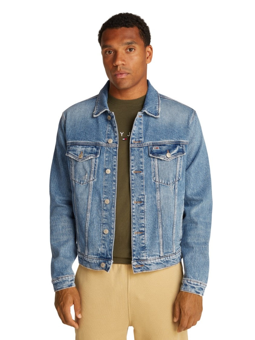 Tommy Jeans Distressed Denim Trucker Jacket With Chest Pockets