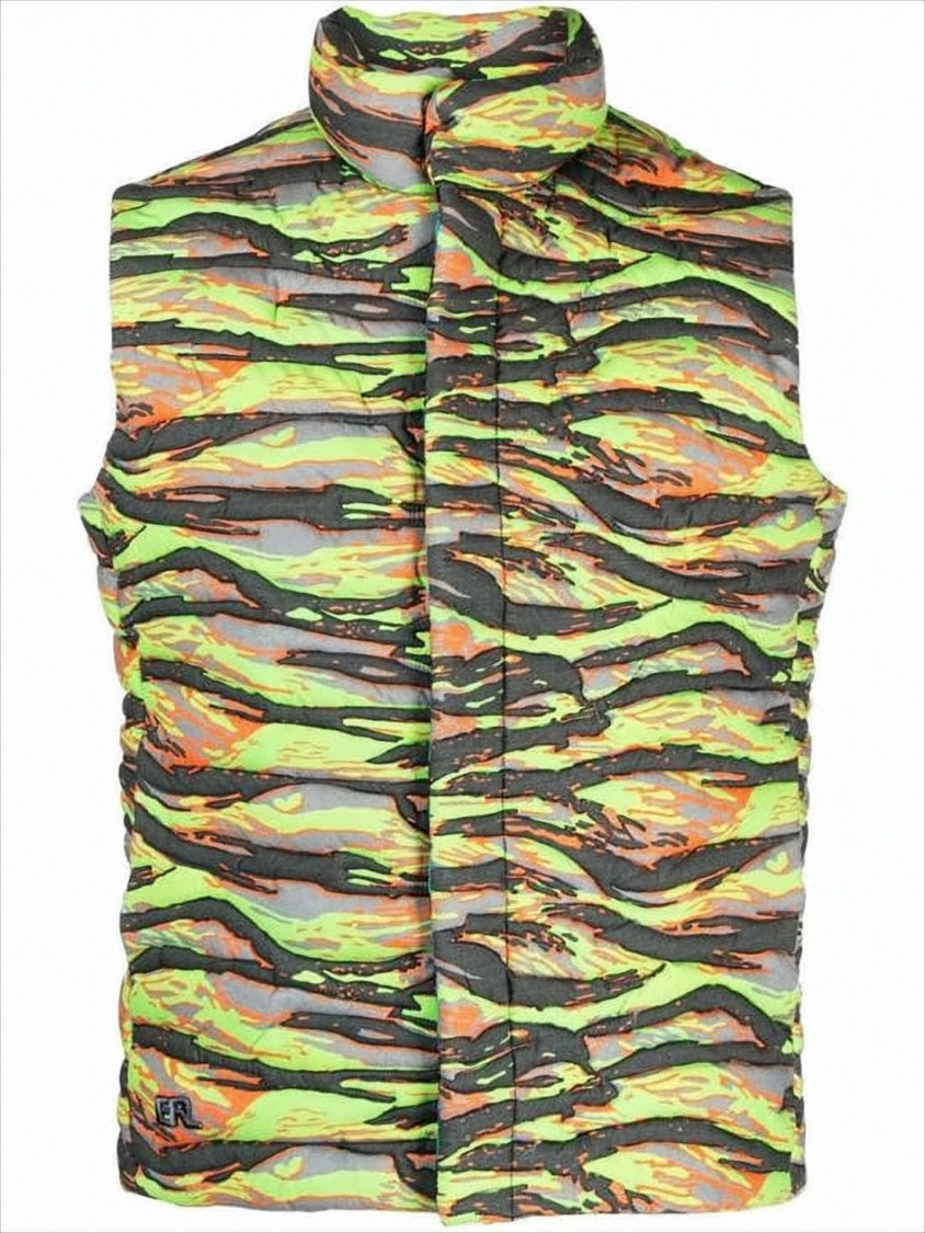 Erl Abstract Camouflage Sleeveless Puffer Vest With High Collar