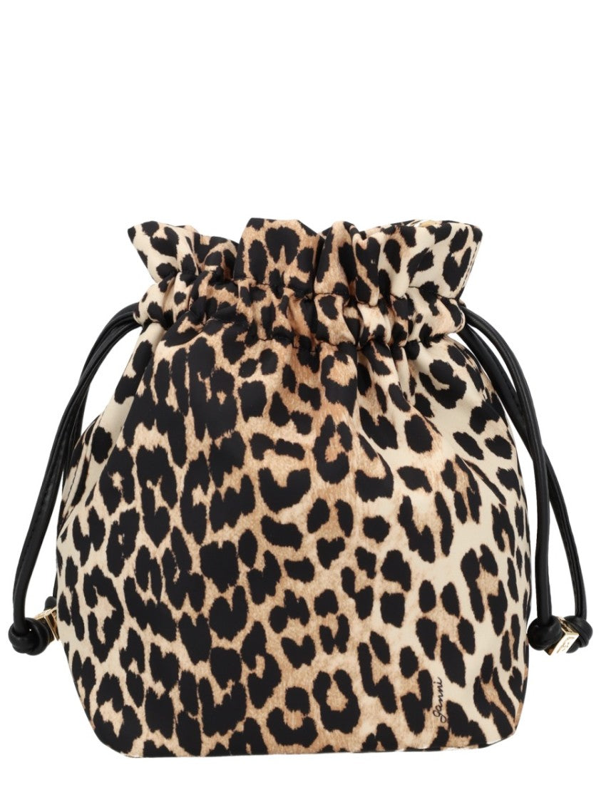 Ganni Multicolor Animal Print Drawstring Polyamide Shoulder Bag