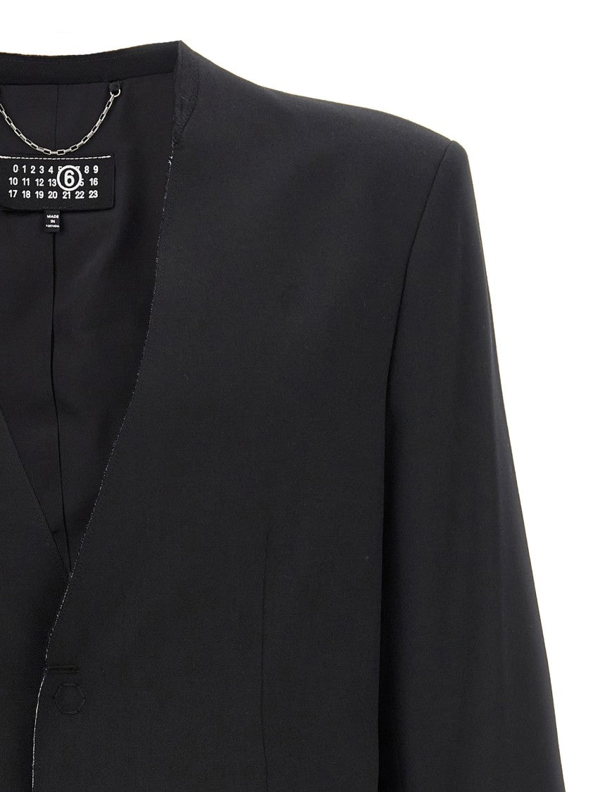 Mm6 By Maison Margiela Single-Breasted Wool Blend Blazer With Distinctive Raw Cut Hem