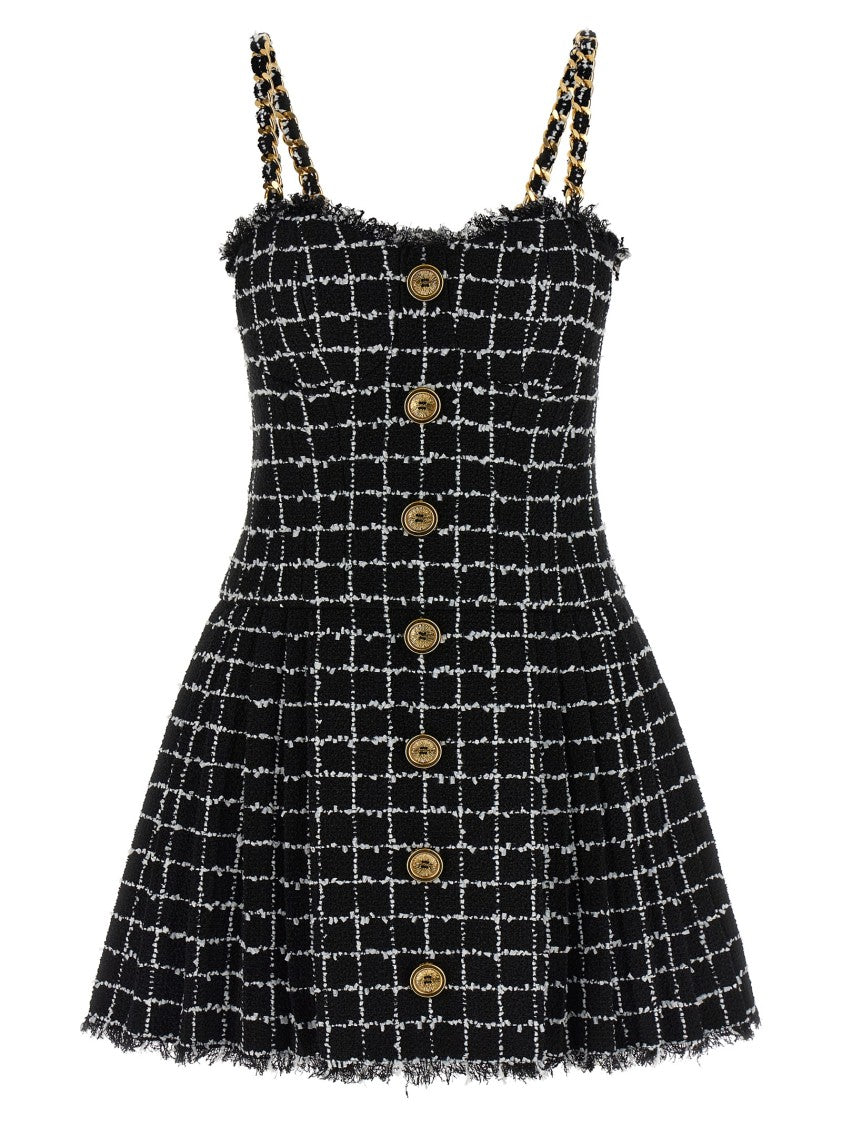 Balmain Tweed Mini Dress With Corset Bodice And Chain Straps