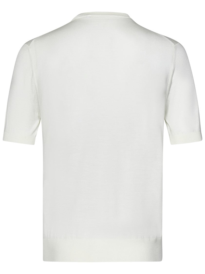 Cruciani Short-Sleeved Cream Wool Knit Top With Ribbed Trims