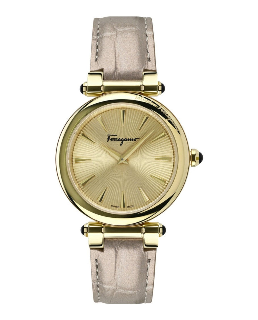 Ferragamo Idillio Leather Watch With Gold Guilloche Dial