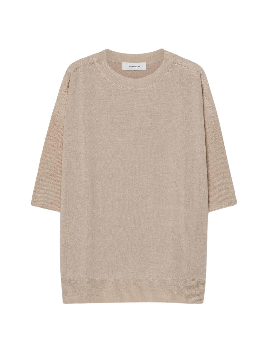 Pomandère Sand Ribbed Sleeve Wool-Blend T-Shirt