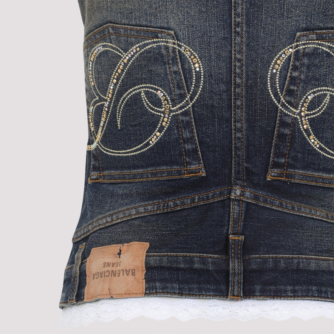 Balenciaga Fitted Denim-Inspired Top With Lace Trim And Spaghetti Straps