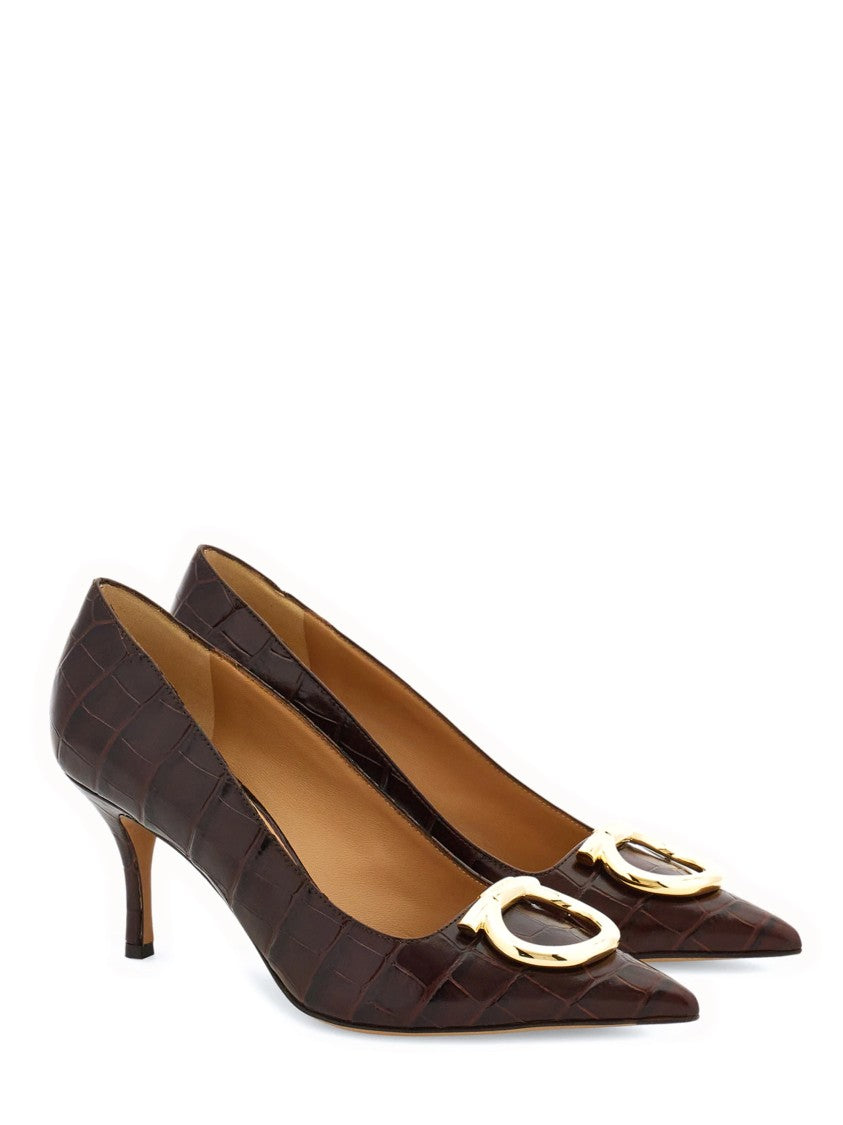 Ferragamo Pointed-Toe Croc-Embossed Heels With Gold Buckle Detail