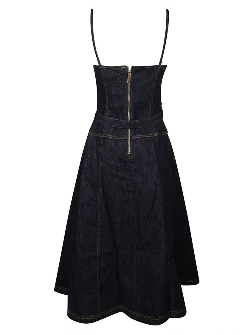 Self-Portrait Denim Flared Dark Cotton Midi Dress