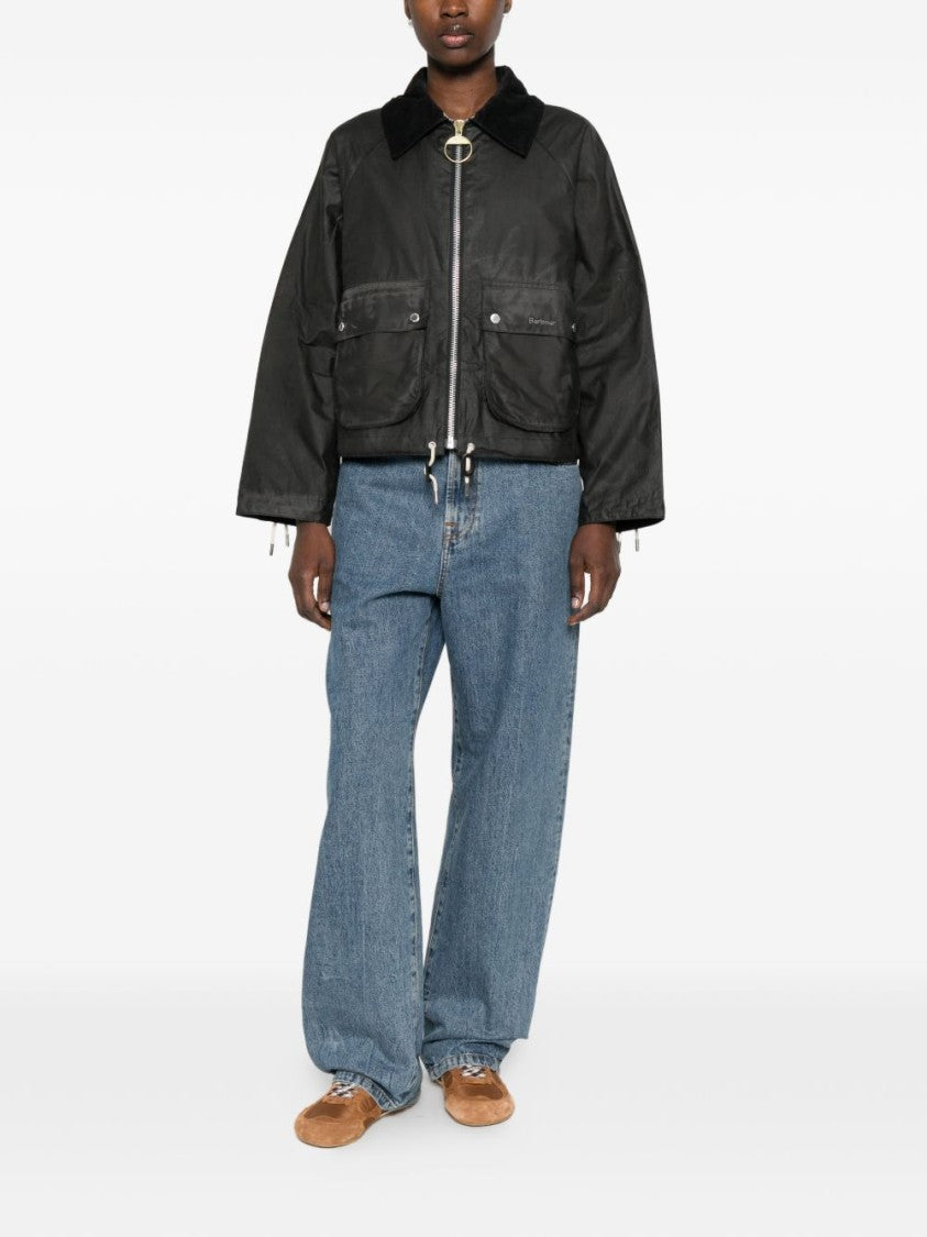 Barbour Short Grey Coat With Corduroy Collar And Flap Pockets