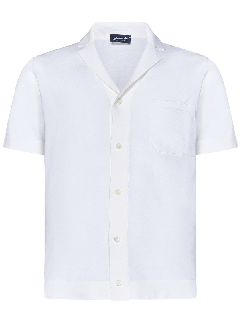 Drumohr Frosted White Cotton Bowling Shirt With Chest Patch Pocket