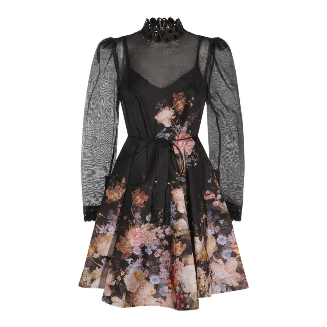 Zimmermann Black Sheer Mesh Floral Print Mini Dress