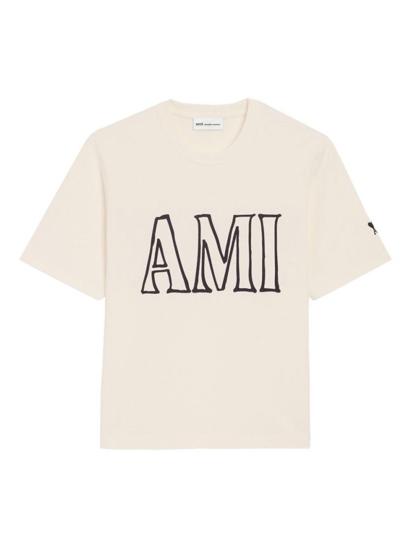 Ami Paris Cream Relaxed Fit Graphic Print T-Shirt