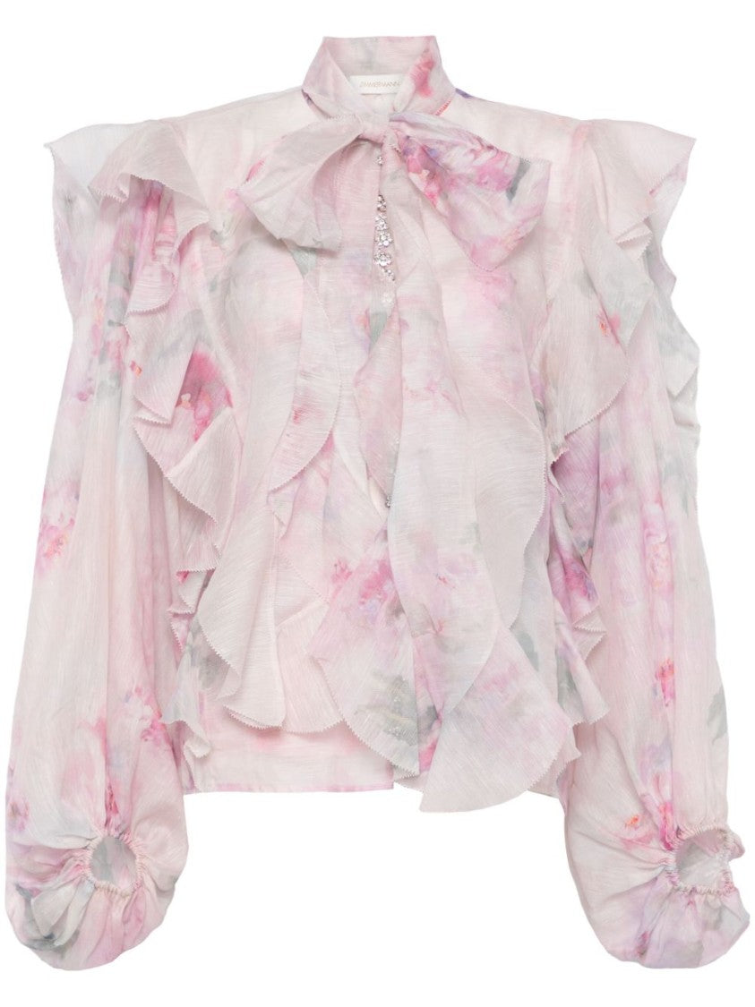 Zimmermann Ruffled Floral High Neck Shirt