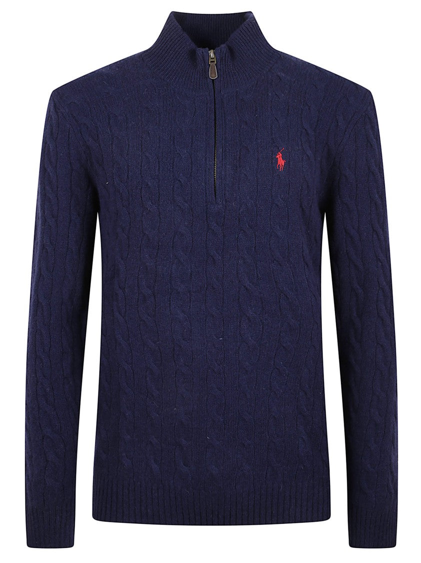 Polo Ralph Lauren Blue Cable-Knit Cashmere Blend Sweater With High Collar