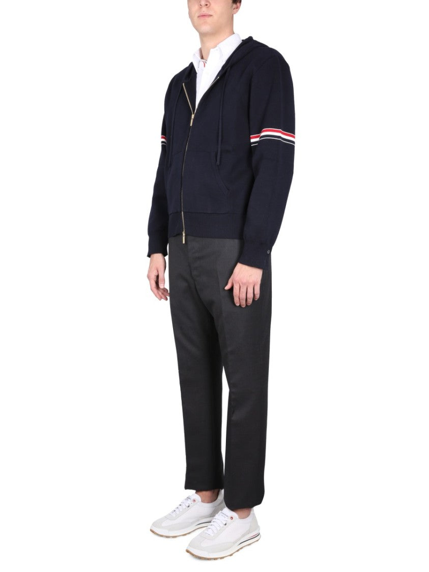 Thom Browne Zip-Up Hoodie With Drawstring And Contrast Stripes