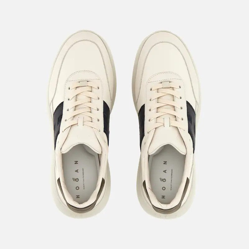 Hogan Off-White Black Logo Olive Heel Tab Low-Top Sneakers