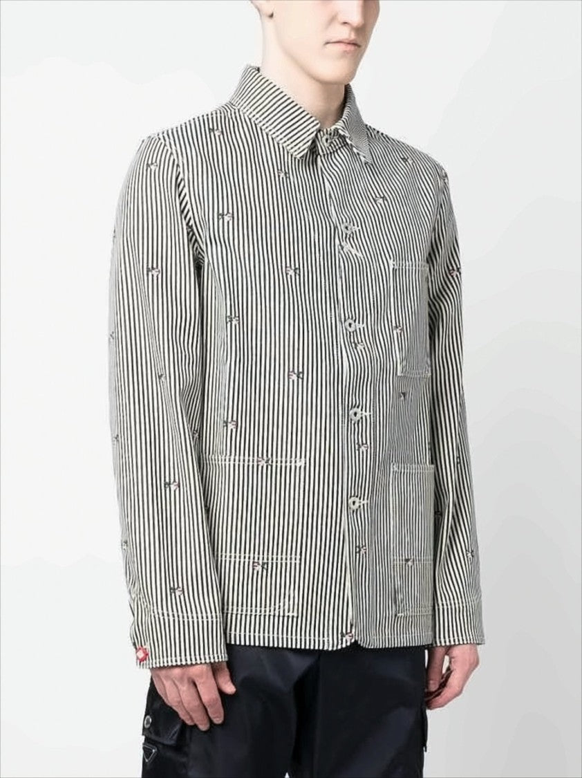 Kenzo Vertical Striped Cotton Jacket With Floral Embroidery