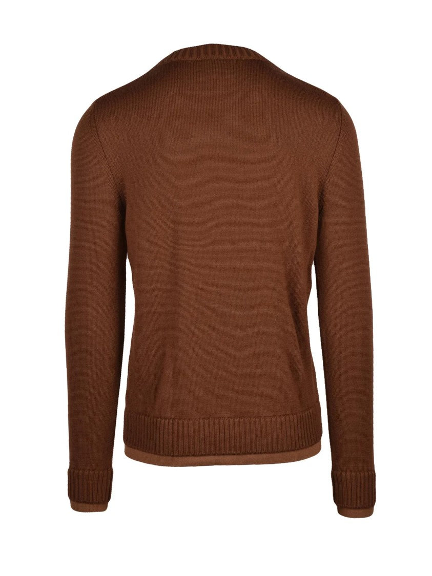 Alpha Studio Brown Double Neck Ribbed Merino Wool Sweater