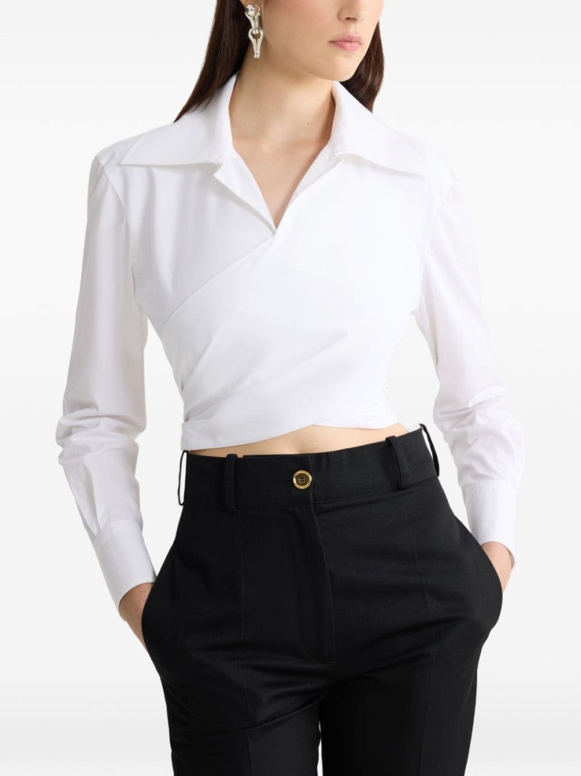 Patou White Collared Knotted Front Cut Top