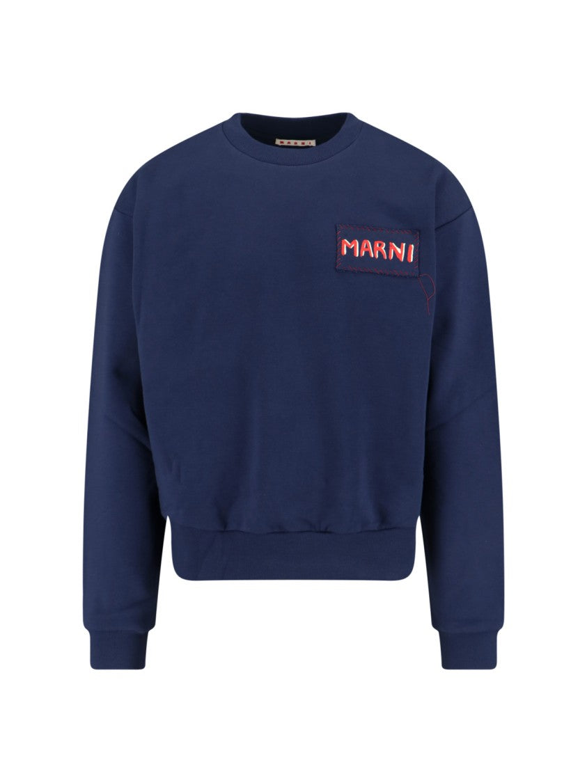 Marni Boxy Navy Blue Cropped Sweater With Bold Logo Patch