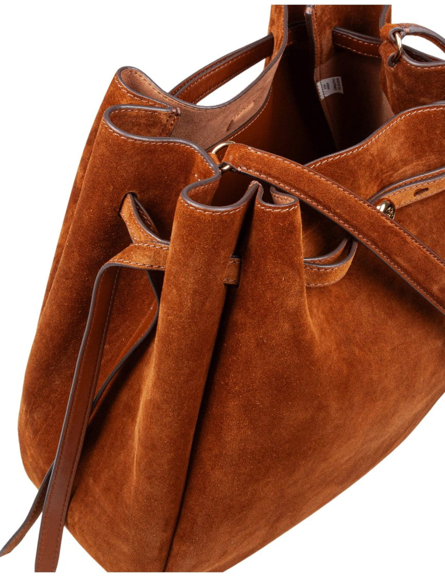 Tory Burch Romy Large Suede Bucket Bag, Caramel Color