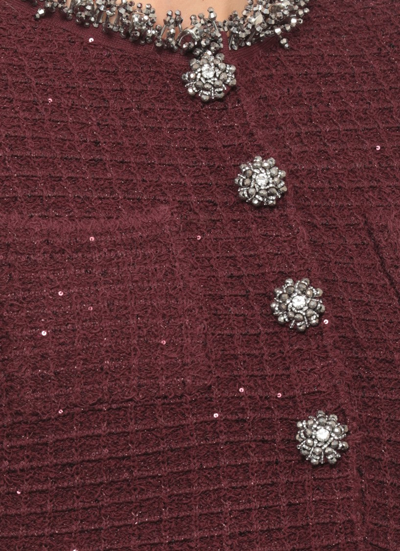 Self-Portrait Bordeaux Sequins Jewel Button Knit Mini Dress