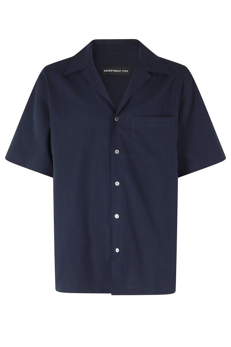 Department 5 Navy Blue Cape Camp-Collar Patch-Pocket Cotton Casual Shirt