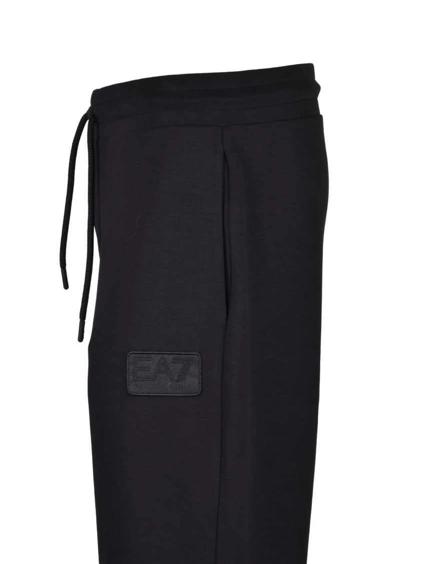 Ea7 Emporio Armani Tapered Fit Black Track Pants With Ribbed Cuffs