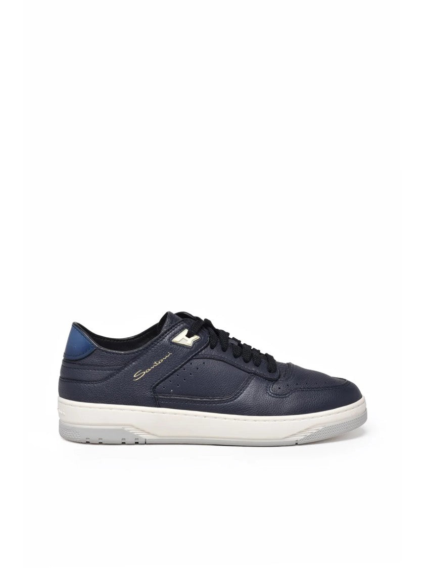 Santoni Blue Leather Hammered Sneakers