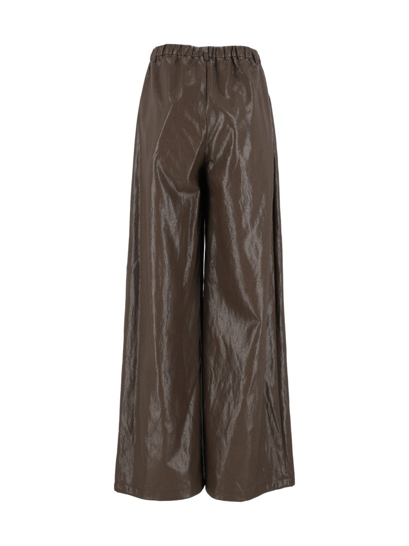 Eleh Brown Glossy High-Waist Wide-Leg Pants