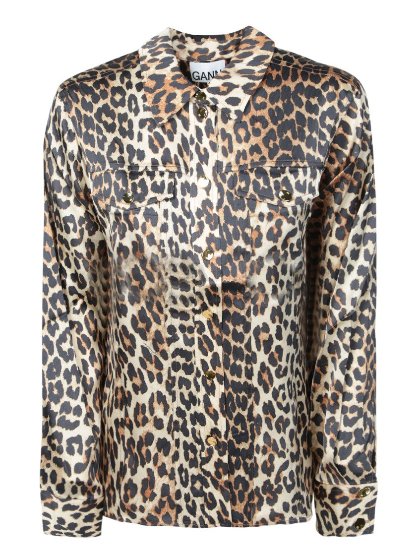 Ganni Leopard Pattern Satin Long Sleeve Shirt