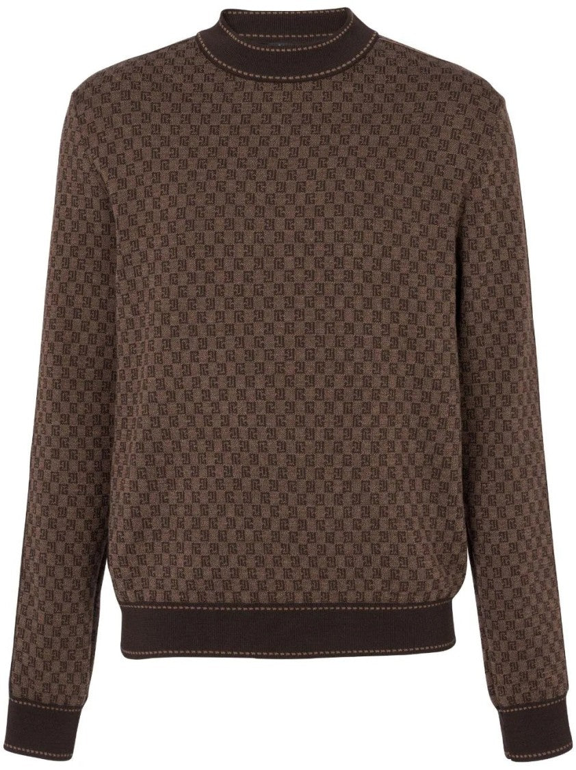 Balmain Mini Monogram Merino Wool Sweater With Crew Neckline