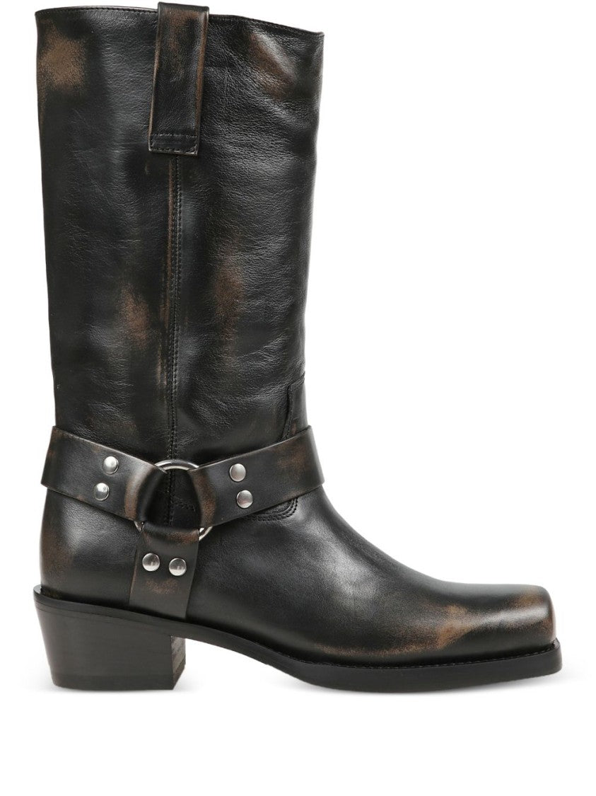Paris Texas Black Distressed Decorative-Strap Silk-Nylon Boots