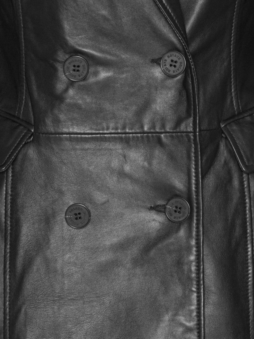 Rotate Double-Breasted Long Black Leather Jacket